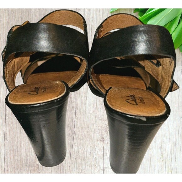 Clarks Artisan Block Heel Open Toe Double Buckle Strap Blk Leather Sandal 11M - Picture 8 of 13